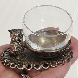 Vintage 1920s Silver And Glass Owl Salt Cellar